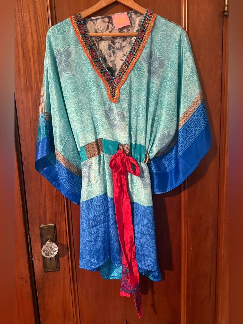 Boho V-Neck Blue & Teal Women's Dress with Red Sash